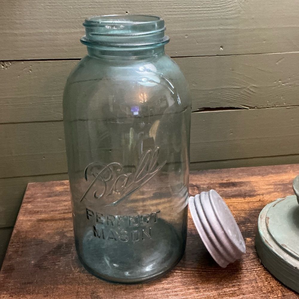 Antique Ball Blue Mason Jar with Zinc Lid Aqua Glass Vintage 9.5”